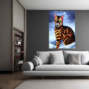 Bengal cat in the snowy mountain AI Art Poster