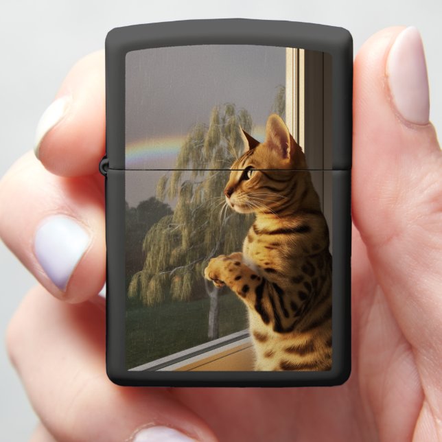 Bengal Cat Looking Out a Window Zippo Lighter (In Hand)
