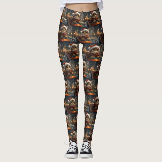 Bengal Cat Roller Coaster Christmas Leggings (Front)