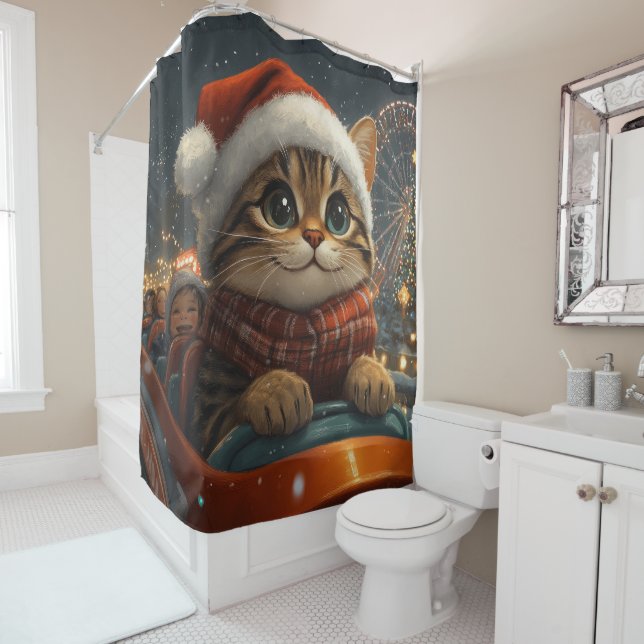 Bengal Cat Roller Coaster Christmas Shower Curtain (In Situ)