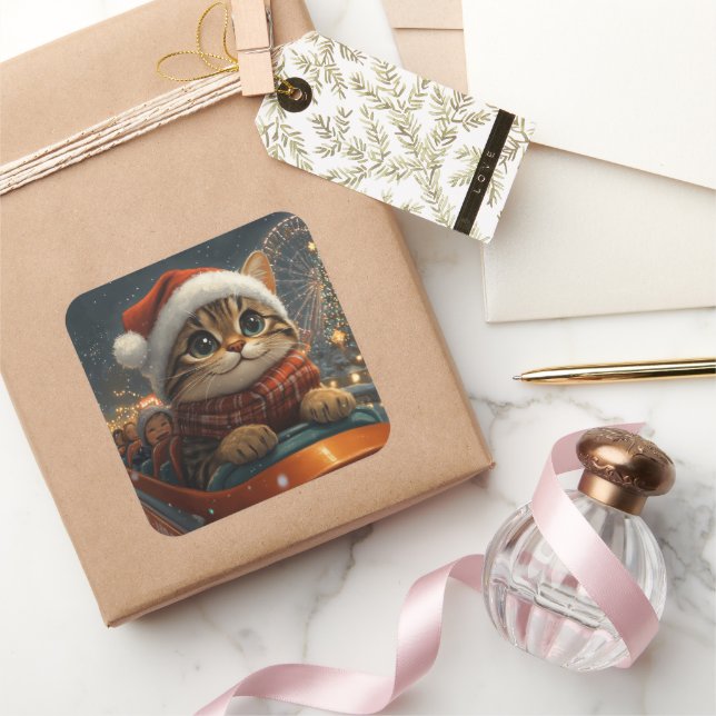 Bengal Cat Roller Coaster Christmas Square Sticker (Gifting)