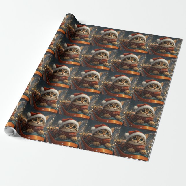 Bengal Cat Roller Coaster Christmas Wrapping Paper (Unrolled)