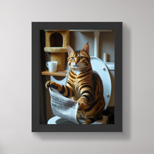 Bengal Cat Sitting On Toilet Funny  Framed Art (Framed Front)