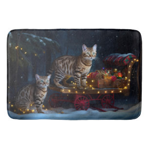 Bengal Cat Snowy Sleigh Ride Christmas Decor Bath Mat