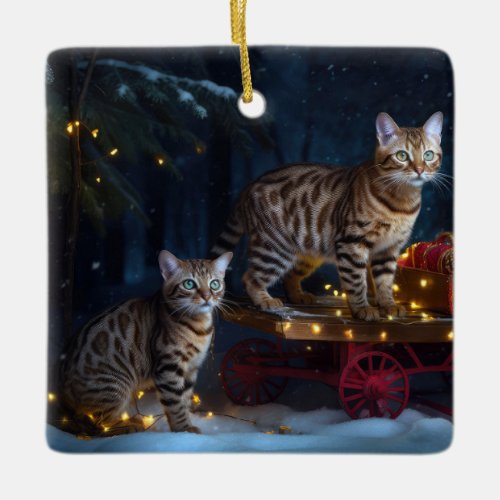 Bengal Cat Snowy Sleigh Ride Christmas Decor  Ceramic Ornament