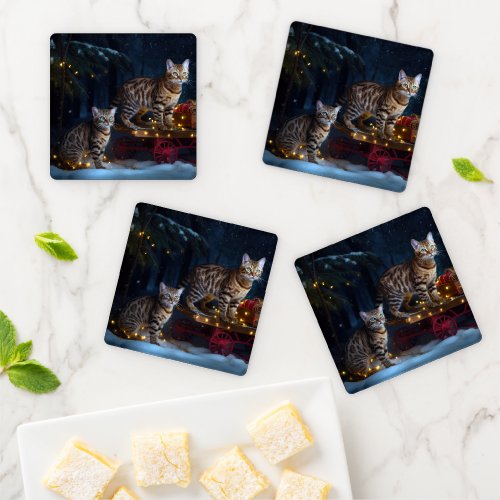 Bengal Cat Snowy Sleigh Ride Christmas Decor  Coaster Set