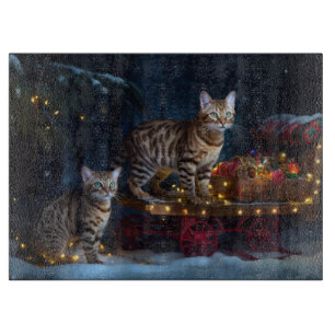 Bengal Cat Snowy Sleigh Ride Christmas Decor Cutting Board
