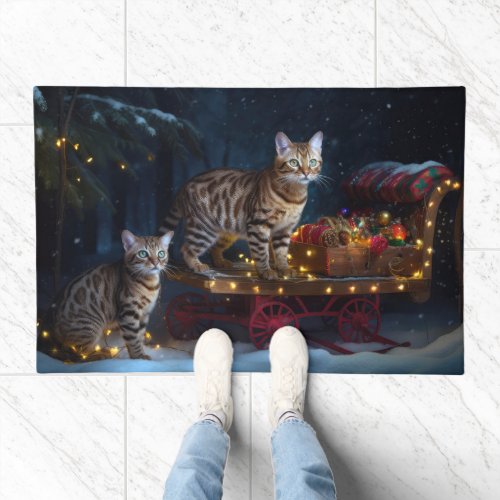 Bengal Cat Snowy Sleigh Ride Christmas Decor  Doormat