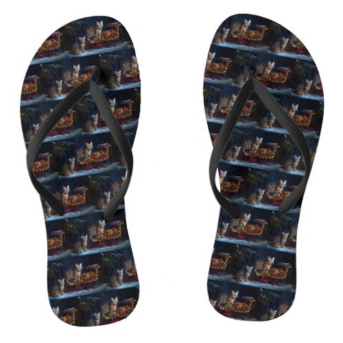 Bengal Cat Snowy Sleigh Ride Christmas Decor  Flip Flops