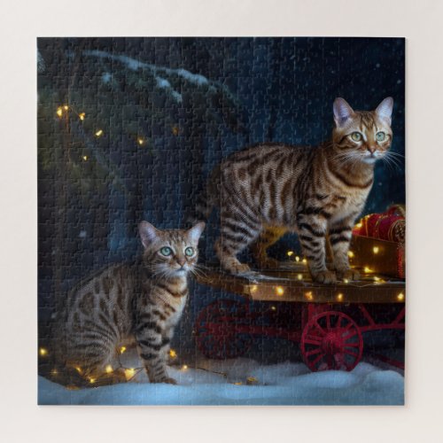 Bengal Cat Snowy Sleigh Ride Christmas Decor  Jigsaw Puzzle