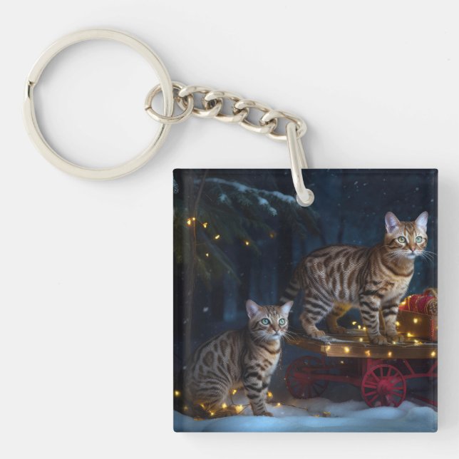 Bengal Cat Snowy Sleigh Ride Christmas Decor  Keychain (Front)