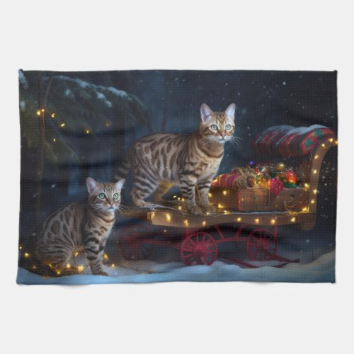 Bengal Cat Snowy Sleigh Ride Christmas Decor  Kitchen Towel