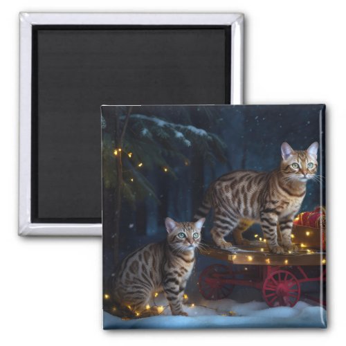 Bengal Cat Snowy Sleigh Ride Christmas Decor  Magnet