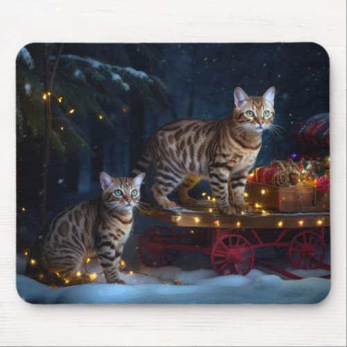 Bengal Cat Snowy Sleigh Ride Christmas Decor  Mouse Pad