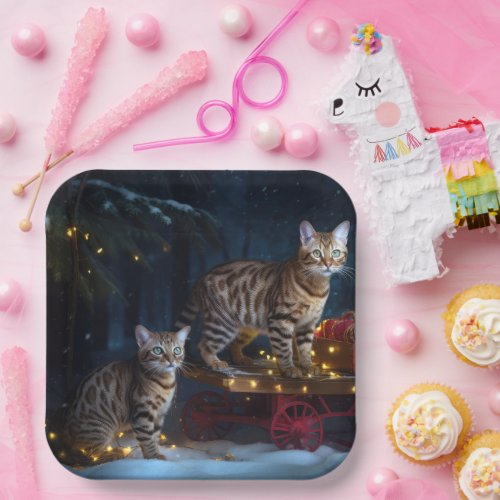 Bengal Cat Snowy Sleigh Ride Christmas Decor  Paper Plates