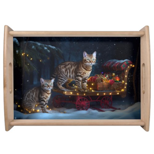 Bengal Cat Snowy Sleigh Ride Christmas Decor  Serving Tray