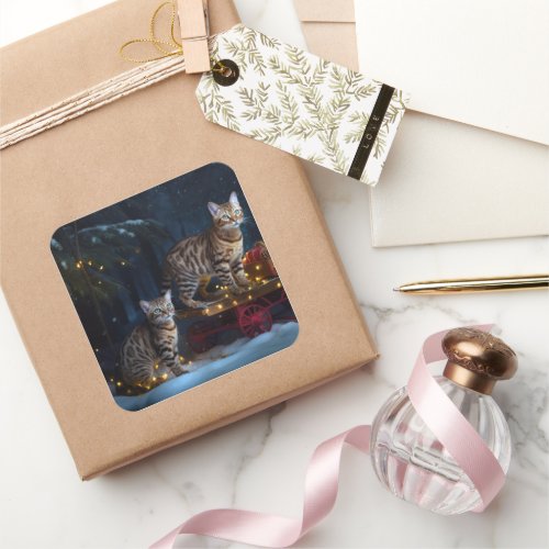 Bengal Cat Snowy Sleigh Ride Christmas Decor  Square Sticker