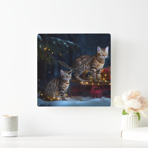 Bengal Cat Snowy Sleigh Ride Christmas Decor  Square Wall Clock