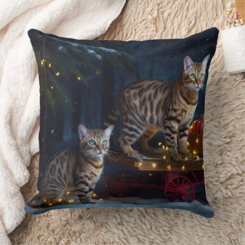 Bengal Cat Snowy Sleigh Ride Christmas Decor  Throw Pillow