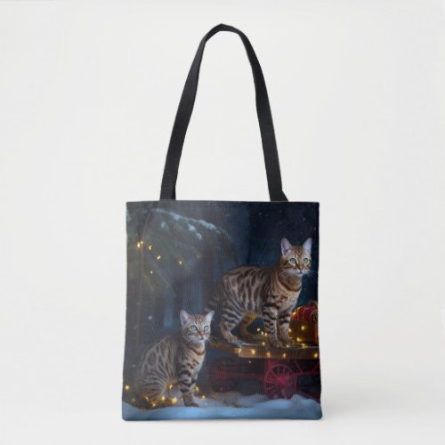 Bengal Cat Snowy Sleigh Ride Christmas Decor  Tote Bag