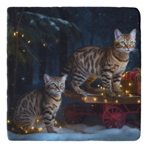 Bengal Cat Snowy Sleigh Ride Christmas Decor  Trivet