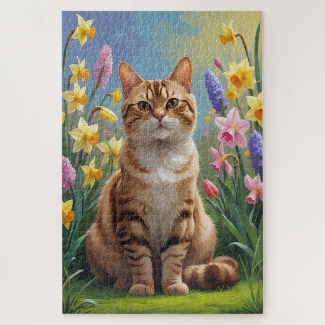 Bengal Cat Spring Flowers Painting Jigsaw Puzzle (Vertical)