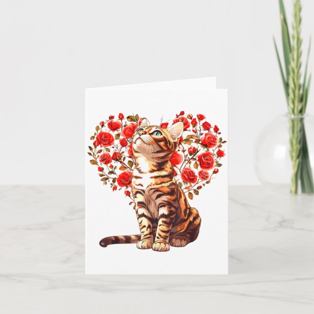 Bengal Cat Valentines Day Floral Heart Design For  Card (Front)