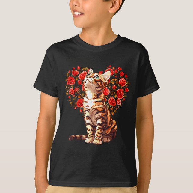 Bengal Cat Valentines Day Floral Heart Design For  T-Shirt (Front)