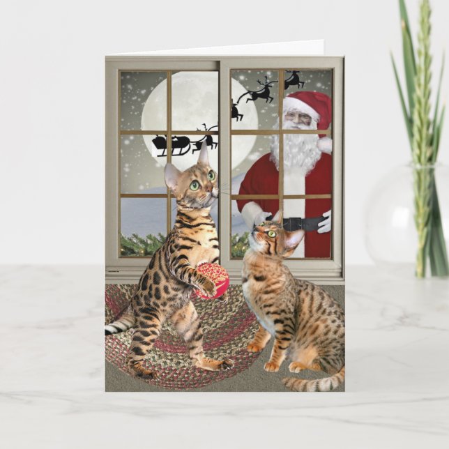 Bengal Cat Watching Santa Cards (Front)