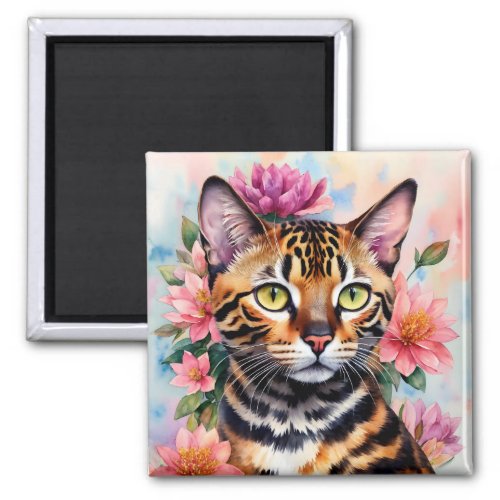 Bengal Cat Watercolor Floral Art Magnet