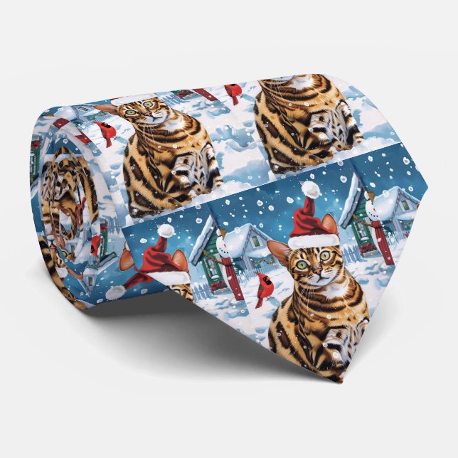 Bengal Cat Winter Wonderland Christmas Joy Neck Tie (Rolled)