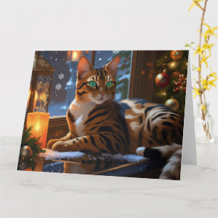 Bengal Cat With Christmas Lights Holiday Card
