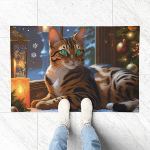 Bengal Cat With Christmas Lights Holiday Doormat