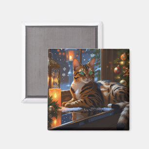 Bengal Cat With Christmas Lights Holiday Magnet