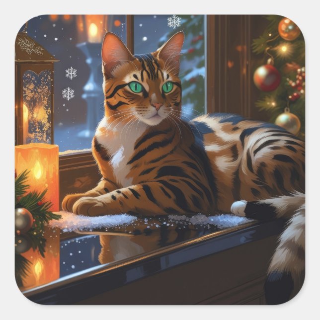 Bengal Cat With Christmas Lights Holiday Square Sticker (Front)