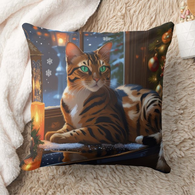 Bengal Cat With Christmas Lights Holiday Throw Pillow (Blanket)