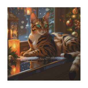 Bengal Cat With Christmas Lights Holiday Wood Wall Art