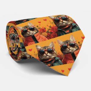 Bengal Cat With Heart Roses Valentine's Day Neck Tie