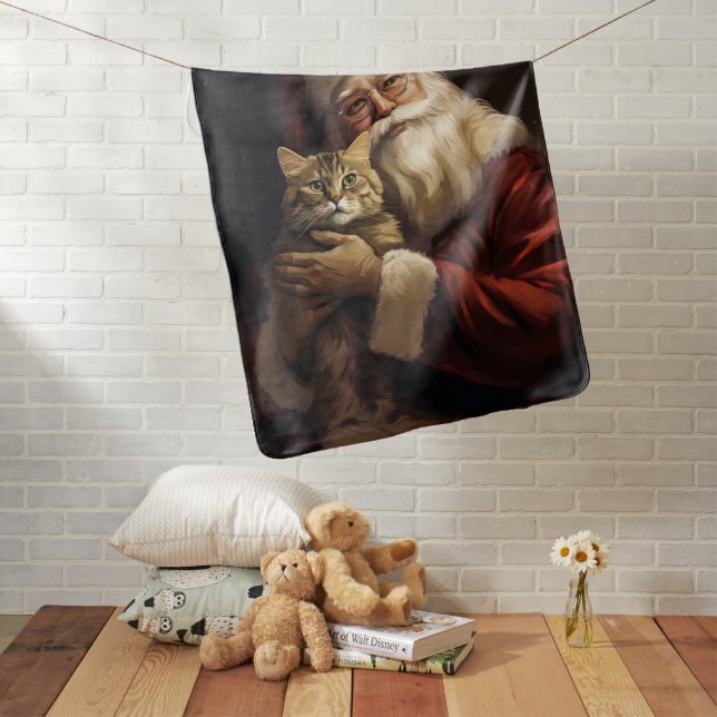 Bengal Cat with Santa Claus Festive Christmas Baby Blanket (In Situ)