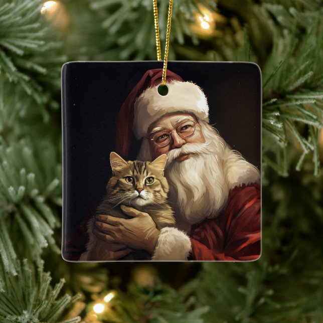 Bengal Cat with Santa Claus Festive Christmas Ceramic Ornament (Tree)