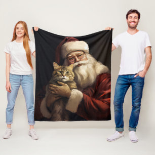 Bengal Cat with Santa Claus Festive Christmas Fleece Blanket