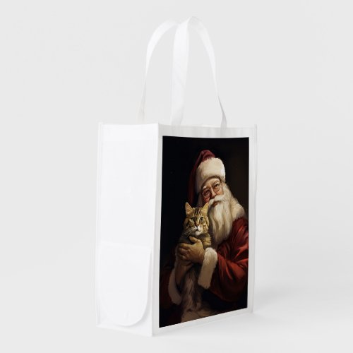 Bengal Cat with Santa Claus Festive Christmas Grocery Bag