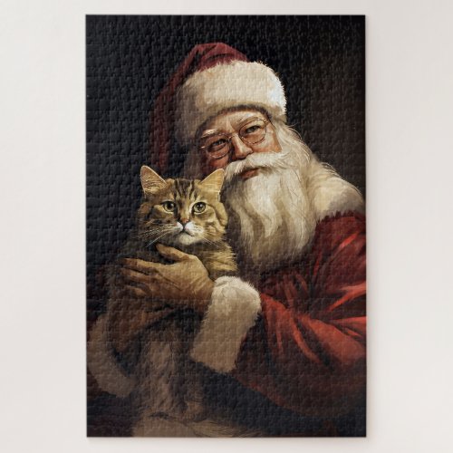Bengal Cat with Santa Claus Festive Christmas Jigsaw Puzzle