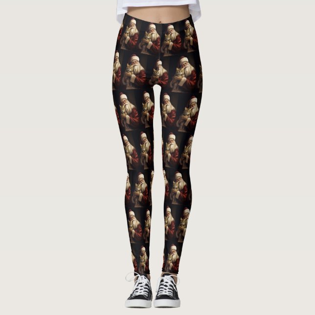 Bengal Cat with Santa Claus Festive Christmas Leggings (Front)