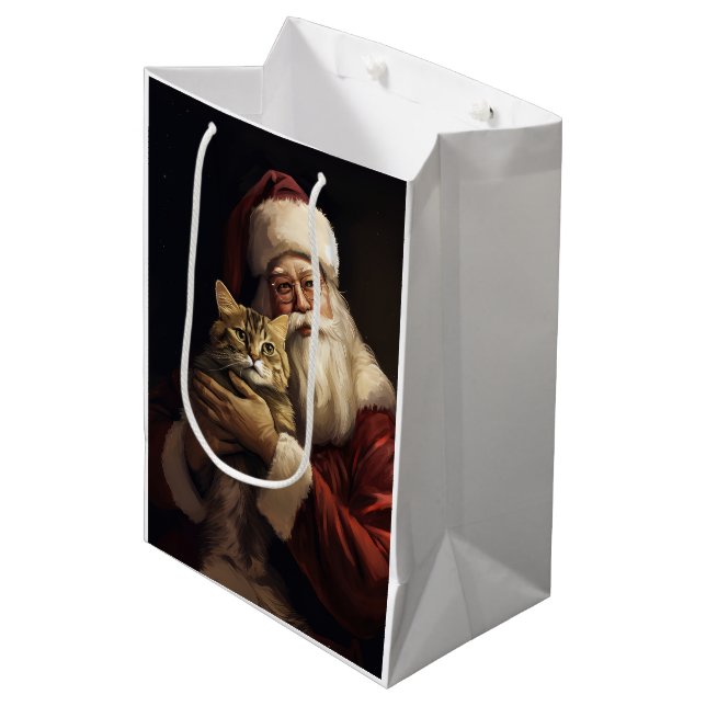 Bengal Cat with Santa Claus Festive Christmas Medium Gift Bag (Front Angled)