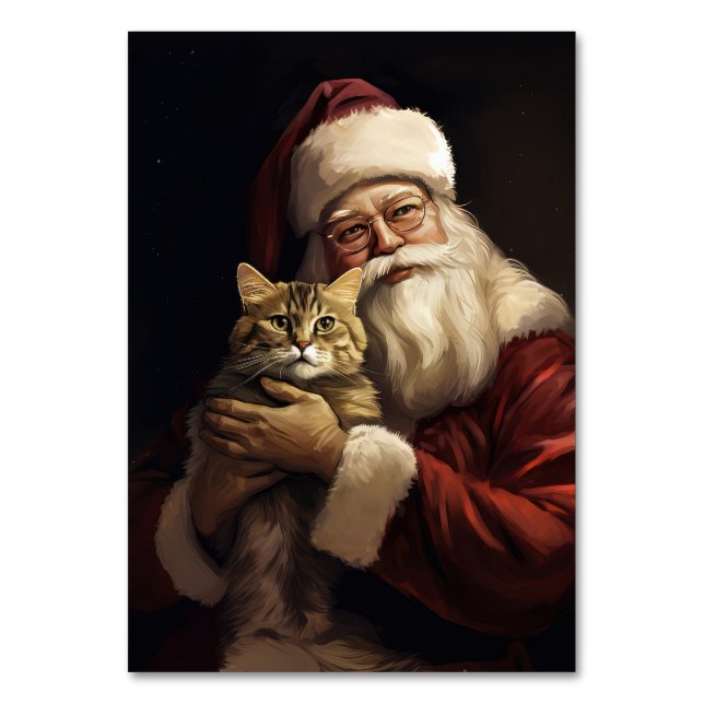 Bengal Cat with Santa Claus Festive Christmas Table Number (Front)