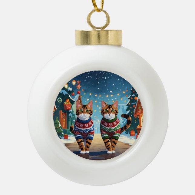 Bengal Cats Christmas Snow Holiday Ceramic Ball Christmas Ornament (Front)