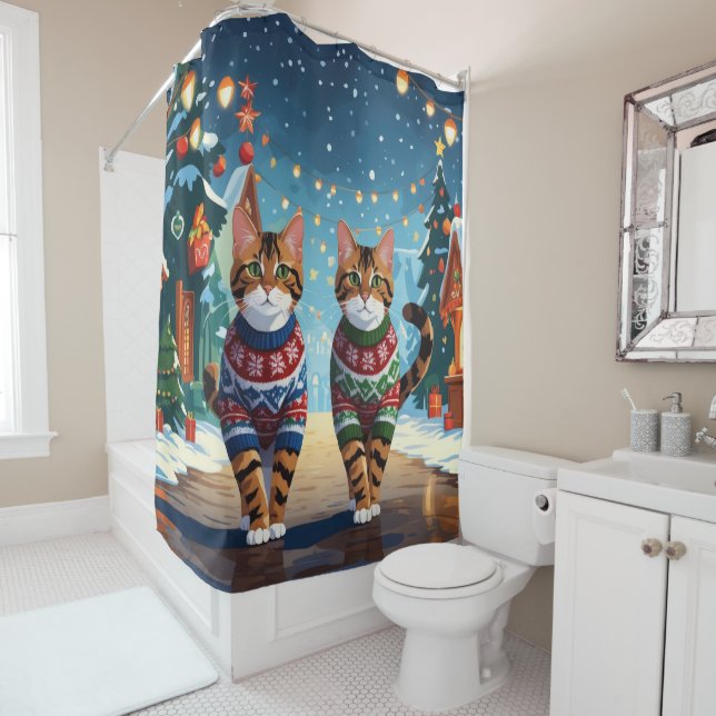 Bengal Cats Christmas Snow Holiday Shower Curtain (In Situ)