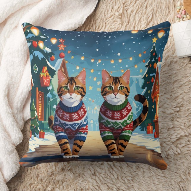 Bengal Cats Christmas Snow Holiday Throw Pillow (Blanket)