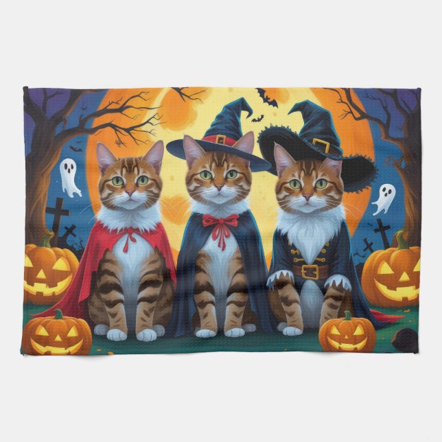 Bengal Cats Pumpkin Halloween Funny Kitchen Towel (Horizontal)